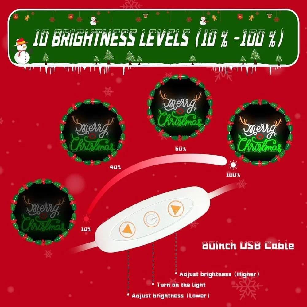 Dimmable Merry Christmas Neon Light Up Sign for Party Gift Bedroom Home Decor